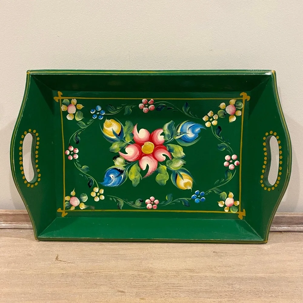 Hand Painted Vintage Wooden Tray | Floral Pattern